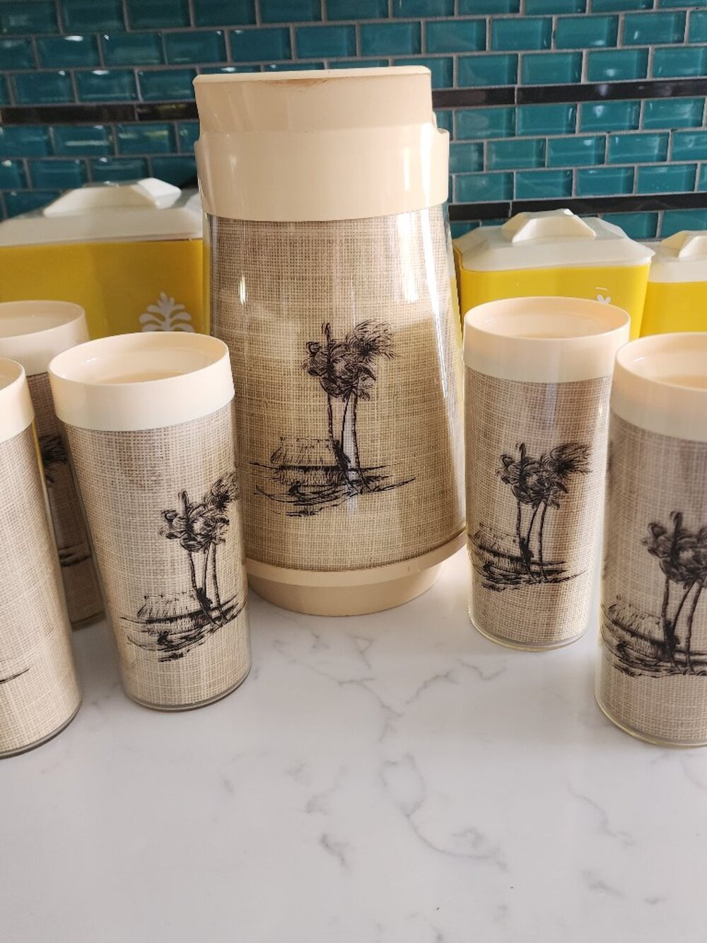 Vintage MCM Thermo-Serv Insulated Pitcher & 5 Glasses Set - "Tahitian Holiday"